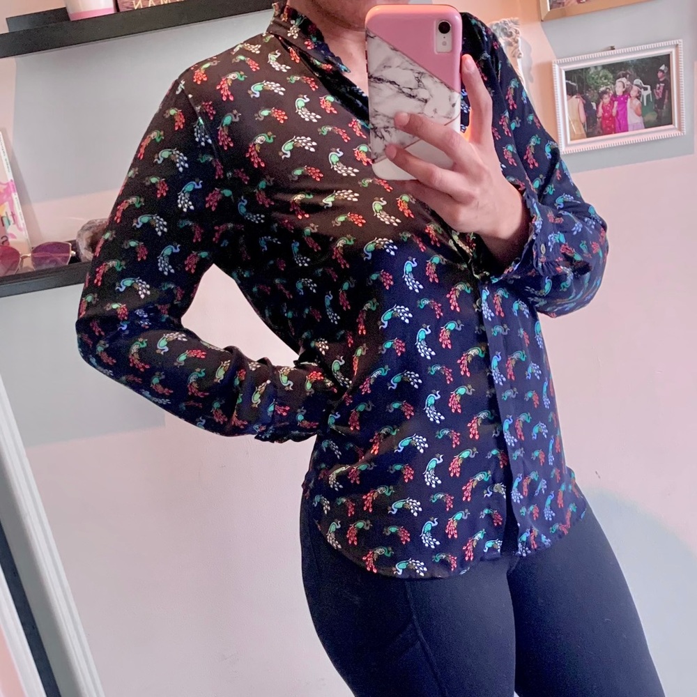 3 for $50 - Navy button down with peacock print